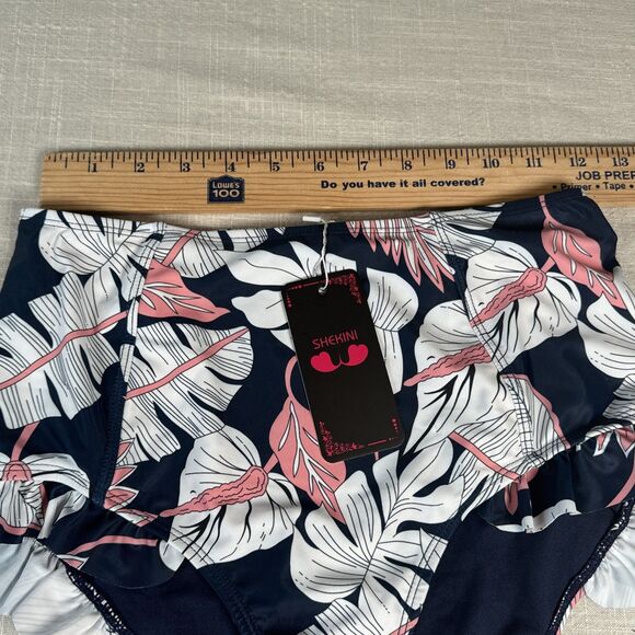 Shekini High Waist Ruffle Bikini‎ Bottom Women’s Size Small Navy White Pink - Picture 8 of 12